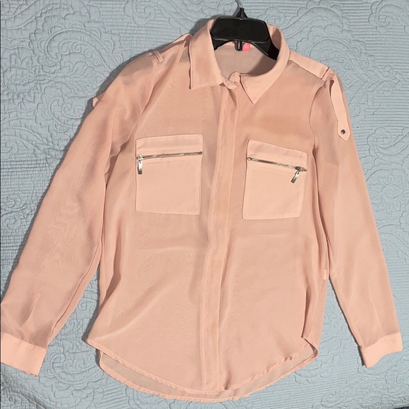 Blush pink button down dress blouse with pockets - Picture 3 of 7